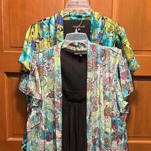 2 Vtg Sara Michelle Green floral Print Top over black Poly Tank shortsleeves 2XL